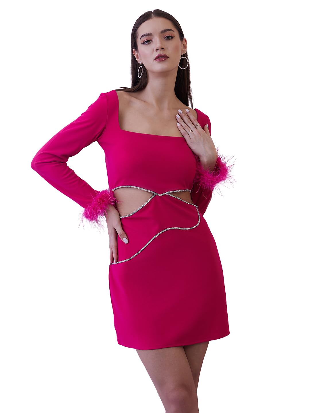 Fuchsia Embellished Fur Sleeves Dress-image-15