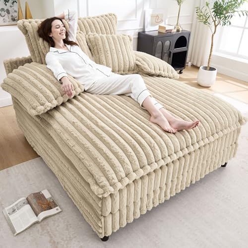 Image of WESTSETLUX 54.8 inch W Oversized Chaise Lounge Chair Indoor with 5-Position Adjustable Backrest, Plush Sleeper Sofa Bed with Pillows, Upholstered Cloud Couch Chair for Living Room, Study Room, Khaki