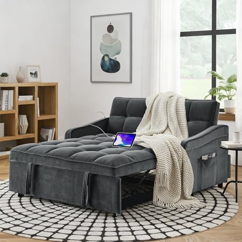 QSQG Sleeper Sofa Bed, Convertible Pull Out Couch with 2 Side Pockets, Adjustable Backrest Loveseat, USB & Type-C Charging, Velvet Fabric Couch for Living Room, Office, Apartment, Dorm(Gray)