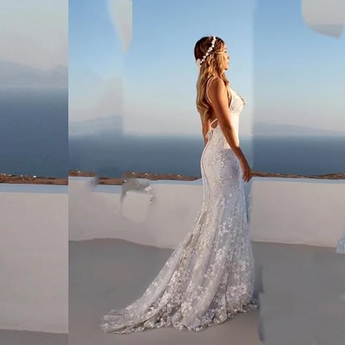 Pefantal WD001 Lace Applique Wedding Dresses For Bride Spaghetti Straps Mermaid V Neck Open Back Bodycon Long Bridal Gown thumb #2