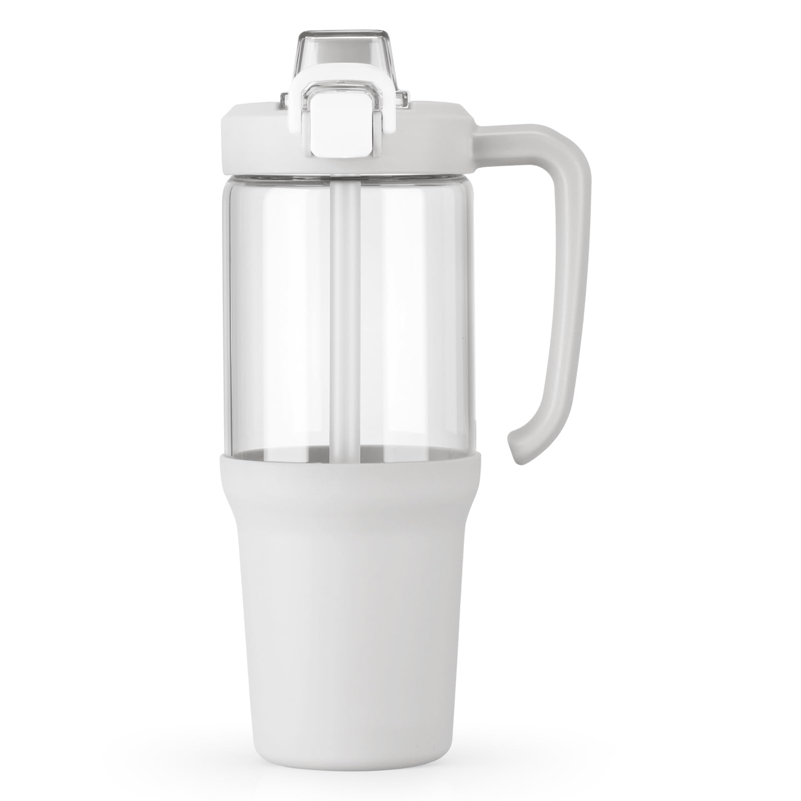 BLUEGO 1 Liter Wasserflasche mit Strohhalm und Griff, Becher aus Borosilikatglas mit Silikonhülle, Eiskaffeetasse für Smoothies, Auslaufsicher, BPA-frei, Weiß