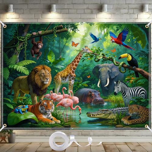 Jungle Backdrop 7x5FT Jungle Party Decorations Rainforest Safari Scene with 10m Ribbon & 4 Brass Grommets Double Stitched Jungle Theme Backdrop Animal Background for Birthday Baby Shower Party Decor