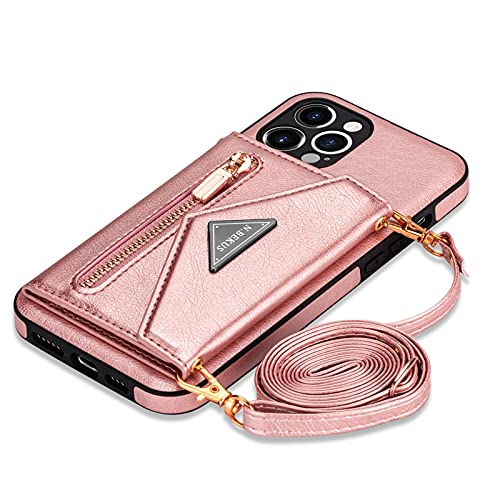 SZHAIYU Wallet Crossbody for iPhone 12 Pro Max Phone Case with Lanyard Strap Credit Card Holder, PU Leather Protective Handbag Zipper Purse Kickstand Cover Women Girl (Pink)