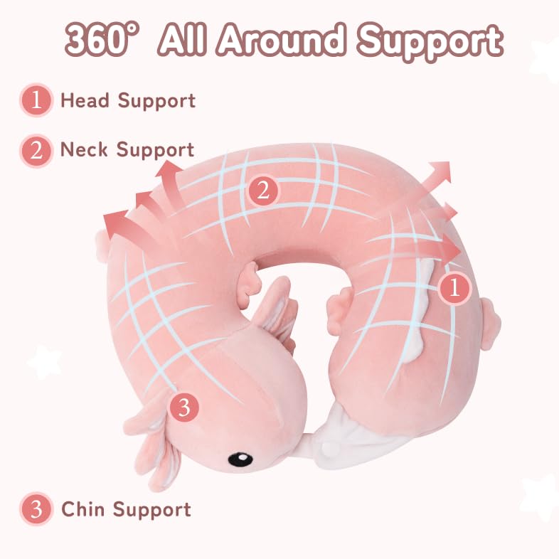 Image of Kids Travel Neck Pillow for Ages 3-8 with Memory Foam, Pink Axolotl | Removable cover, 13 in neck size, hidden zipper, machine washable, head and chin support, car seat and airplane use