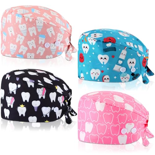 Image of Unittype 4 Pcs Nurse Caps for Women Nursing Working Caps with Button and Sweatband Adjustable Elastic Scrub Hats for Dentist
