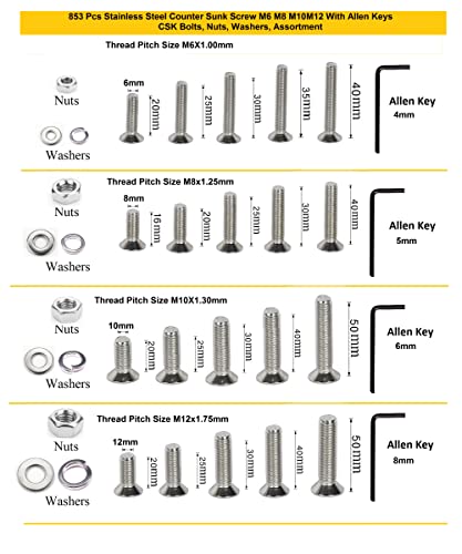 Image of Epi-Torque Metric M6 M8 M10 M12 Stainless Alloy Steel 202 Grade Counter Sunk Screws Nuts CSK Bolt Washer with Allen Keys Assortment Kit Set with SS Box 853 Pcs Pack
