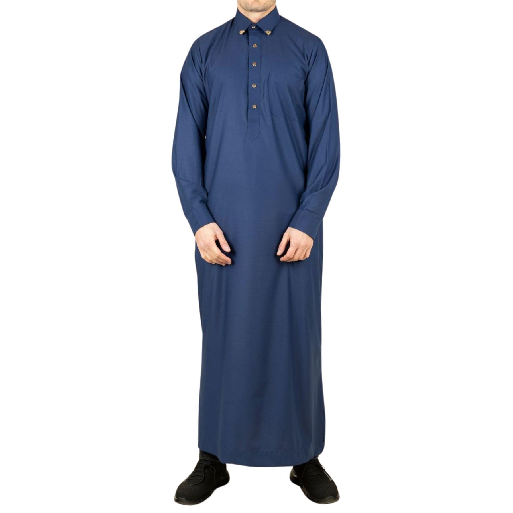 Men's Thobe Saudi Emirati Jubba Islamic Clothing Muslim Kaftan Eid Robe Shirt Collar - Navy 60