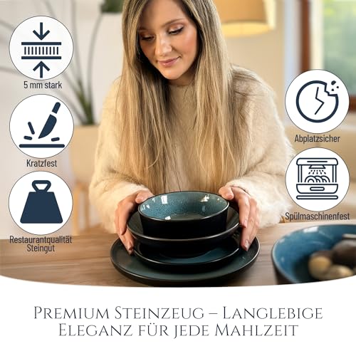 Steingut Geschirrset 12 Pers. Ibiza 48-tlg Hochwertiges Mediterranes Steingut Geschirr Set - Schüssel- und Teller Set - Tafelservice 12 Personen Geschirrsets Pure Living in Petrol