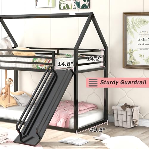 image for Merax Modern Twin Over Twin Heavy Steel Low Bunk Bed with Ladder and S