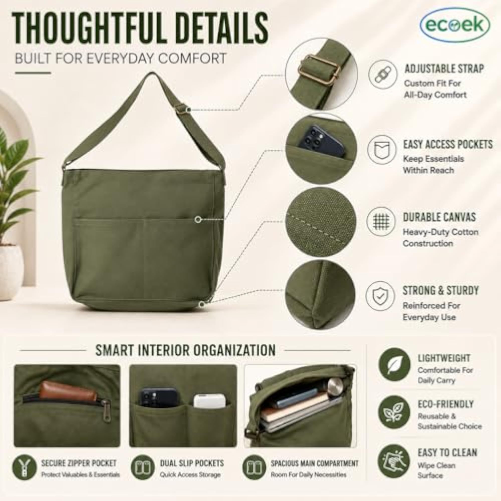 Canvas Crossbody Messenger Bag for Men & Women, Lightweight