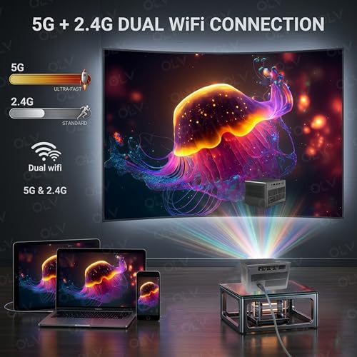 Image of OLV Portable Smart Mini Projector for Room 8K Input, 4K Supported, Android 13, WiFi 5, Bluetooth 6.0, 3W Speaker, HDMI, USB Support, Compatible with TV Stick /Windows /iOS /Android Home Theatre Projector