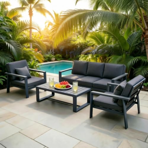 Modern All Weather Aluminum Patio Conversation Set,4 Pieces Oversized Metal Sectional Sofa Couch with Cushions and Coffee Table,Outdoor Furniture for Backyard,Porch,Garden, Balcony,Deck Grey