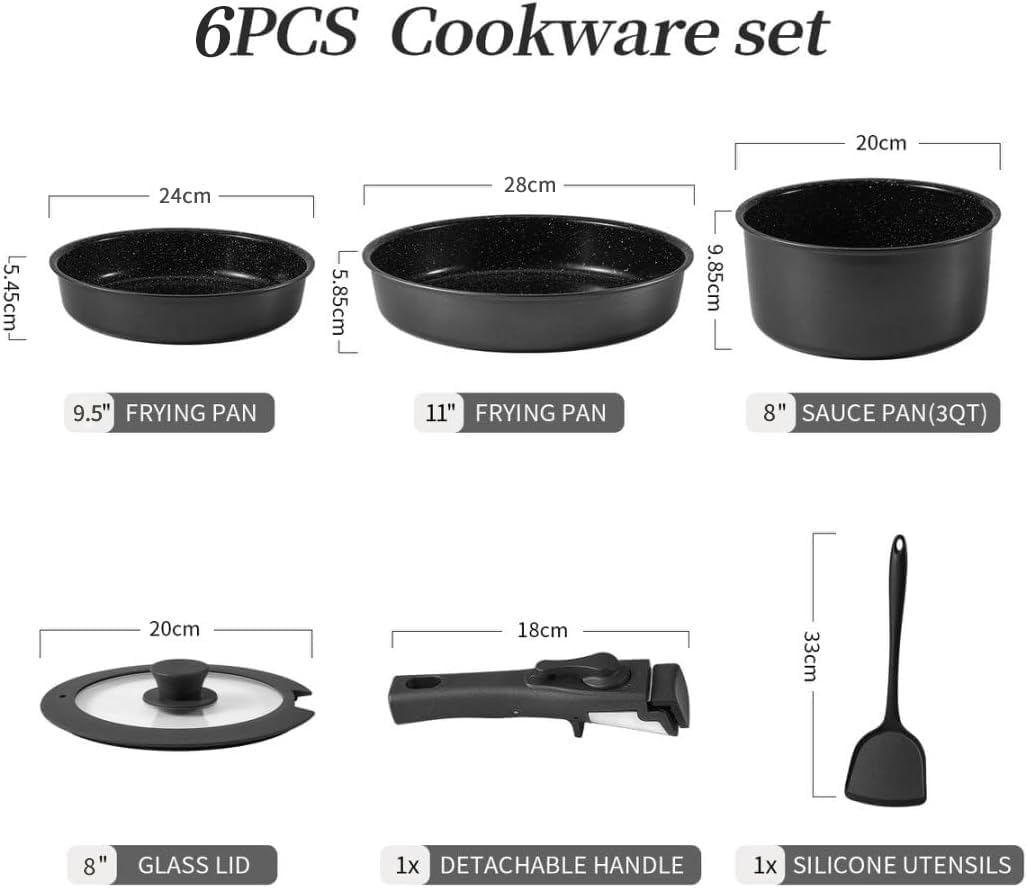 Pots and Pans Sets Non Stick，6PCS Ceramic Cookware Sets Nonstick Detachable Handle，Induction hob Pans(Grey)