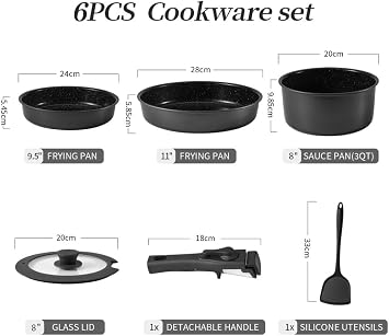 Pots and Pans Sets Non Stick,6PCS Ceramic Cookware Sets Nonstick Detachable Handle,Induction hob Pans(Grey)