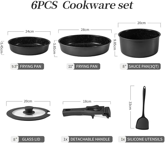 Pots and Pans Sets Non Stick,6PCS Ceramic Cookware Sets Nonstick Detachable Handle,Induction hob Pans(Grey)