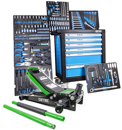 DeTec. Werkstattwagen 3066 Blue Edition Werkzeugwagen gefüllt | Werkzeugkiste mit Werkzeug | 6 von 6 Schubladen mit Werkzeug rollbar | Werkzeugkasten mit Carbon Einleger inkl. 3 Tonnen Wagenheber grün