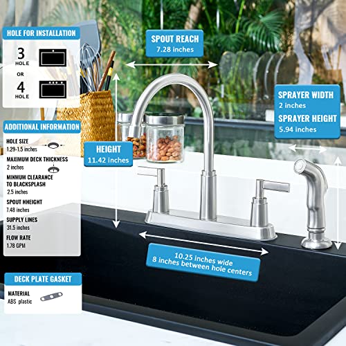Kitchen Faucet With Sprayer, Brushed Nickel Stainless Steel Kitchen Sink Faucet With Side Sprayer, 3 Hole Or 4 Hole Faucet For Kitchen Sink, Commercial Rv Laundry Utility Kitchen Faucet Kmf023L-1 #TOP5