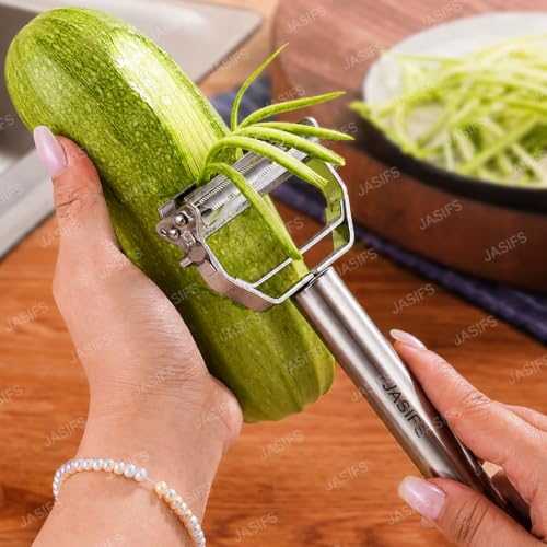 Image of JASIFS 2 in 1 Stainless Steel Julienne Vegetable Peeler Multi-Functional Fruit & Veggie Shredder Slicer and Grater for Potatoes, Carrots, Cucumbers (Silver, 18 x 8.2 x 2.3 cm)