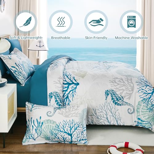 WONGS BEDDING Coastal Comforter Set Queen, Beach Themed Comforter,7 Pieces Ocean Nautical Seaweed & Starfish Bed in a Bag (90"×90") - Image 3