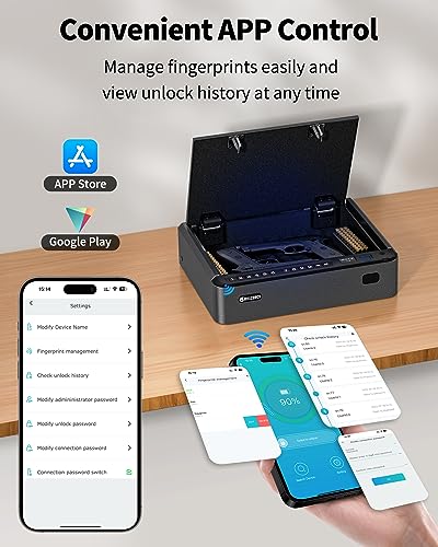 BILLCONCH Smart Gun Safe - Biometric Gun Safe for Pistols with Fingerprint/Full-digital Keypad/Key/Smartphone Lock, Quick-Access Pistol Safe for Beside Nightstand Handgun Safe with LCD/Voice Guide