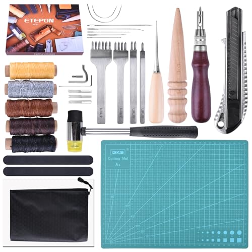 ETEPON Lederwerkzeug Set & Leder Werkzeug Set, Leder Nähset mit A4 Schneidematte, Nähhalter, Nylonhammer, Nadeln Lochzange – ideal für Lederreparatur, Handnähen, DIY, Profiwerkzeuge für Hobby &...