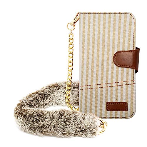 sslink iPhone17 Pro Max アイフォン17プロマックス 対応 手帳型 スマホ ケース ヒッコリー(ベージュ) 生地 ファブリック ダイアリータイプ カード収納 スタンド機能 ファー/ブラウン ゴールド チェーン ストラップ付き カバー