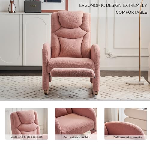FOXHUNTER Rocking Chair Nursery Modern Glider Chair with Adjustable Footrest and Solid Wood Legs High Backrest Nursery Chair with Side Pocket Rocker Armchair for Living Room Bedroom Teddy Pink