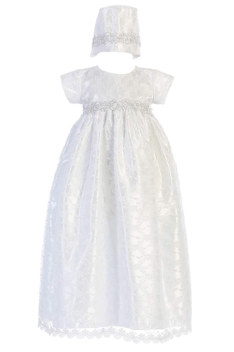 Swea Pea & Lilli Cassandra White Shiny Satin & Lace Christening Dress w/Silver Waist Trim (White, 6-12 M)