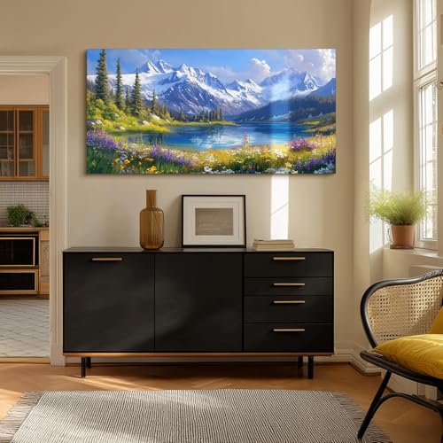 crmotu Nature Landscape Large Wall Art, Snow Mountain Lake Canvas Paintings, Meadow Wildflowers Art Prints, Rustic Chic Pictures Wall Decor Living Room Bedroom Farmhouse Cottagecore 30x60 Inch