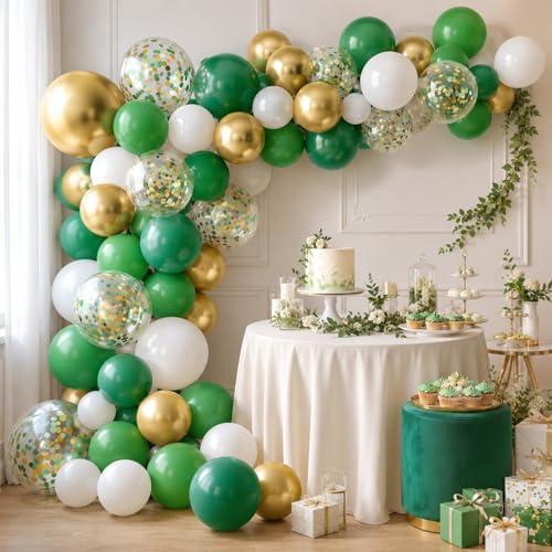 Image of Green and Gold Balloons, 60 Pcs 12 Inch Dark Green White Metallic Gold Latex Balloons with Green Gold Confetti for Birthday Graduation Party Decorations