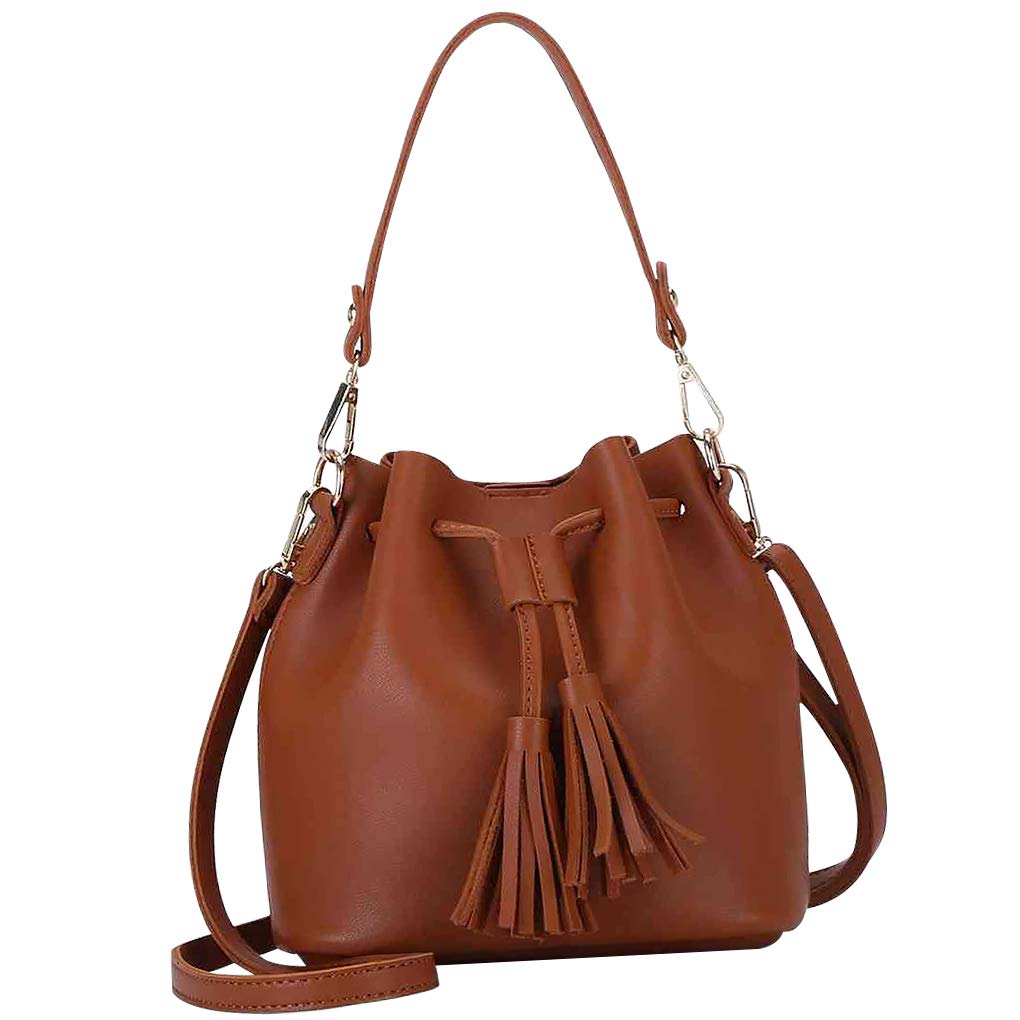 WOVEBIUS Bucket Bag Faux Leather Tassel Drawstring Crossbody Pouch Women Solid Color Shoulder Bag Handbag,Brown