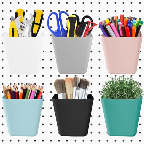 6Pack Pegboard Cups, Large Pegboard Bins with Hooks, Square Box Shape Pegboard Cup Holder Accessories for Garage Office Craft Room DIY Tools Playroom Home Kitchen Organization (6 Fresh Colors)