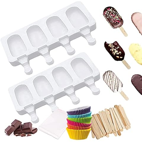 YINVA Cakesicles Silicone Mould 4 Cavity Cakesicle Moulds 2 Pack, Mini Cake Lolly Mould with 50 Wooden Sticks & 100 Cake Cups & 50 Self-Adhesive Bags for DIY Ice Cream for Kid Cover