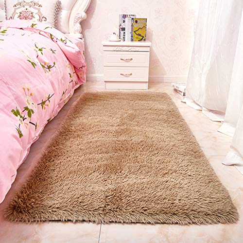 Tappeto a pelo lungo per camera da letto dei bambini, morbido, spesso, in tinta unita, per soggiorno, accogliente, cammello, 80 x 160 cm