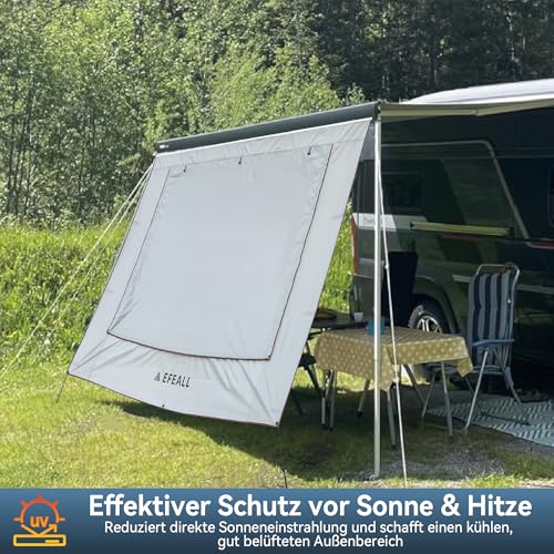 EFEALL Sonnenschutz Wohnmobil Vorderwand 2 x 2,8 m, UPF 50+ Schutz, Regenfest, mit Verstellbarem Panorama-Fenster(Stoff+Netz), Sunblocker Markise für Kederleisten mit Ø 5–7 mm, inkl. Montagezubehör