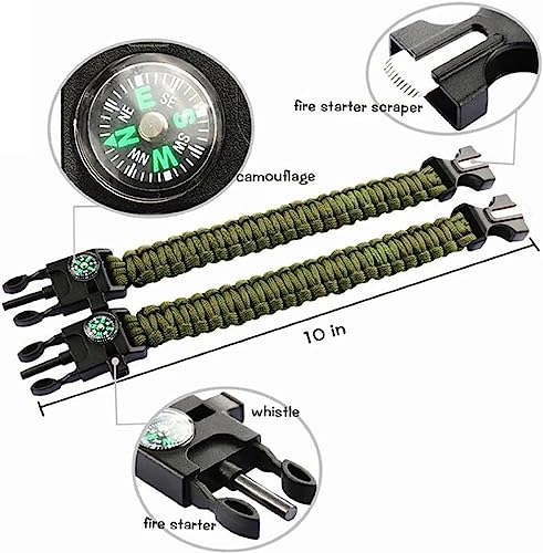 NICAI Kitchen Survival-Paracord-Armband, verstellbare 550 Paracord-Armbänder, Kompass, Wanderausrüstung, Feuerstarter, Notfallpfeife, taktische Überlebensausrüstung, Rucksackausrüstung (2 Stück)