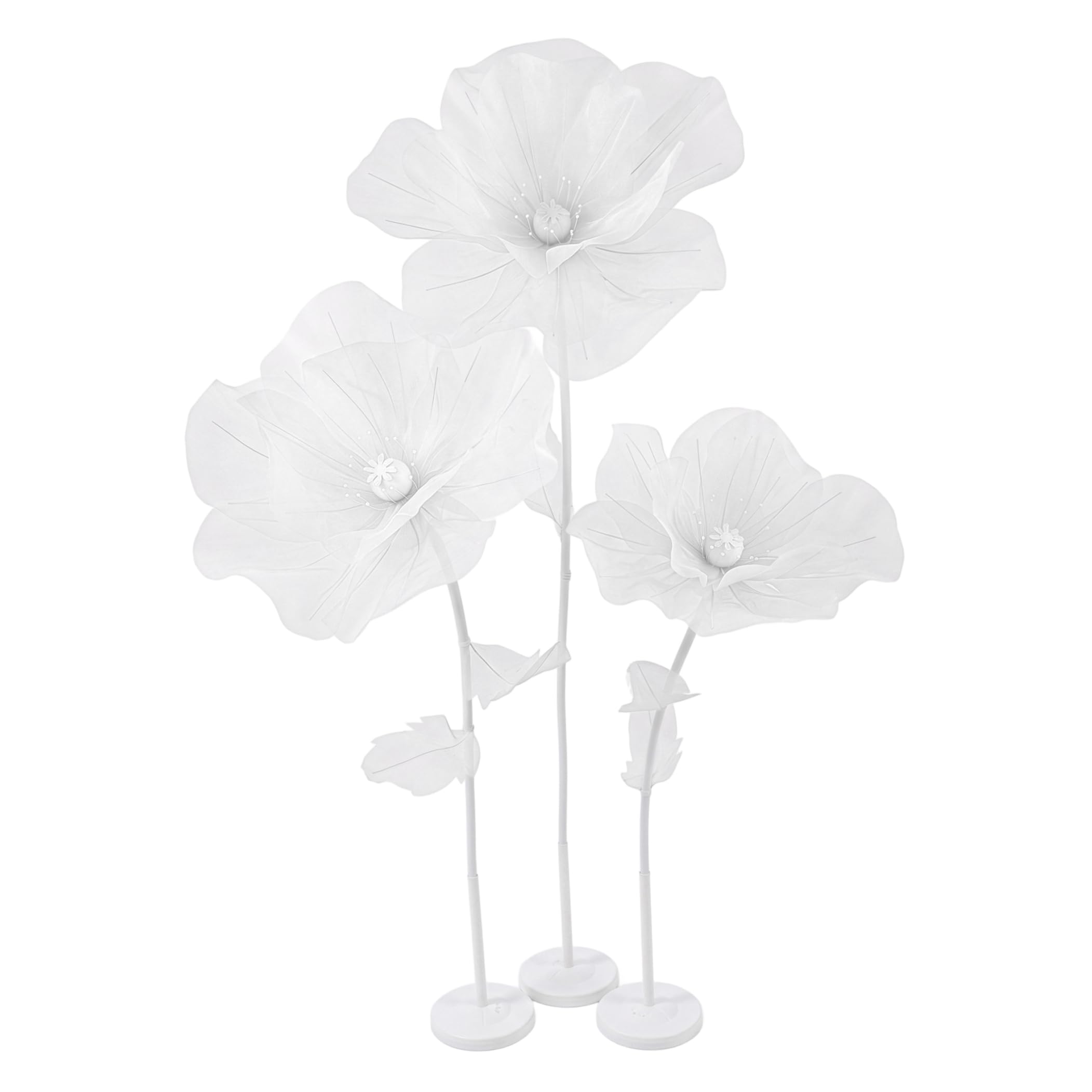 Bemonew Large Paper Flowers, 3 Head Giant Organza Flower with Stand, Large Flower Backdrop Decoration for Garden, Hotel, Photography Props, Wedding, White