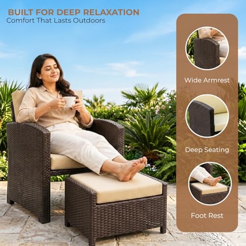 Image of DEVOKO Valencia Outdoor 5 Piece All Weather Rattan Wicker Patio Sofa Set with Water Resistant Cushioned Chairs with Glass Top Table & Ottomans for Garden, Pool, Porch, Backyard (Dark Brown & Cream)