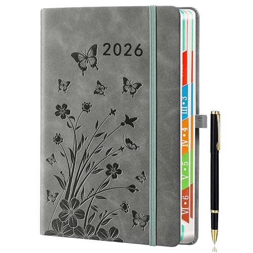 agenda 2026 dia por pagina，Diario 2026 A5, enero a diciembre, planificador diario con pestañas coloridas, diseño floral, soporte elástico para bolígrafo, 2 marcadores, lazo y bolsillo.