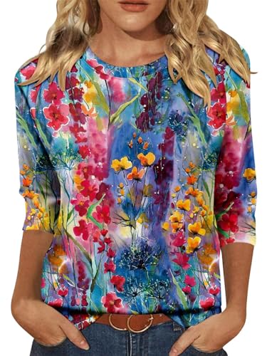 KISSMODA Tunic Tops for Women Loose Fit Dressy Round Neck Pleated 3/4 Length Sleeve Spring Tops