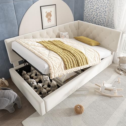 A ALFRESCOOL Cama infantil de 90 x 200 cm, cama juvenil, cama de suelo, cama tapizada, sofá cama, cama de día con almacenamiento hidráulico, estructura de cama con somier de láminas de madera