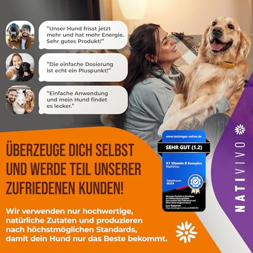 NatiVivo K1 Vitamin B Komplex Hund – hochdosierte Hunde Vitamine mit Vitamin B1, B12 & Folsäure Vitamine für Grosse Hunde  15 kg 120 Premium Tabletten Nicht teilbar Made in Germany