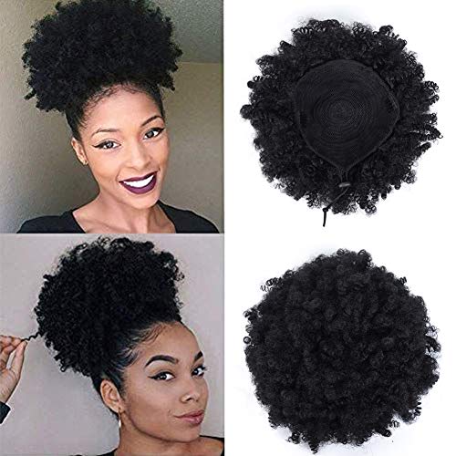 Rosa Star Afro Puff Drawstring Ponytail Synthetic Short Afro Kinky Curly Afro Hair Bun Extension Hairpieces Updo Hair Extensions with Two Clips (Black Color 1B#)