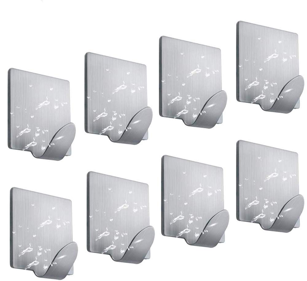Wall Adhesive Hooks Heavy Duty Waterproof Stainless Steel Hooks for Hanging Coat, Hat Towel Robe-Bathroom and Bedroom-8 Packs
