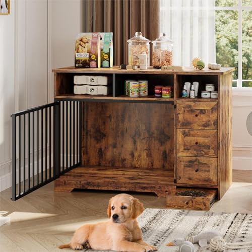 48'' Dog Crate Furniture, Farmhouse Dog Kennel Furniture with Dog Bowl & Storage Drawers, Heavy Duty Dog Cage End Table for Medium Small Dogs, Retro Brown