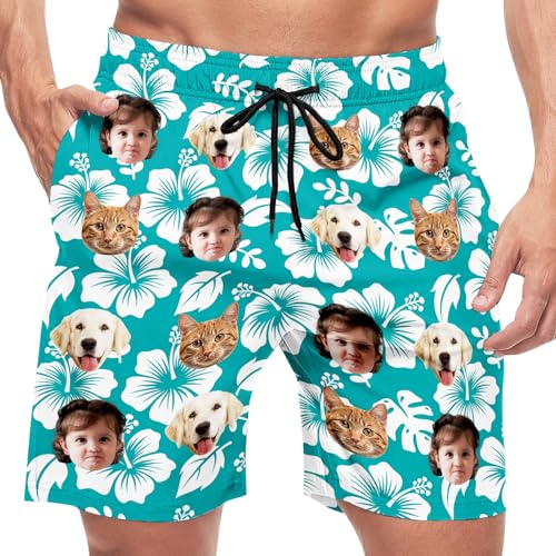 Personalized Swim Trunks for Men with Face, Custom Floral Hawaiian Beach Shorts Customized Pool Party Gifts for Him