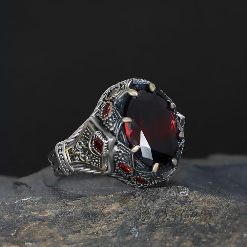 BayVog Men’s Sterling Silver Ring with Round Garnet Gemstone – Gothic Vintage-Style Handmade Ring – Deep Red Stone Statement Jewelry for Men4