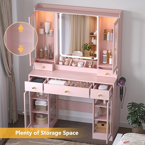 Image of Wodeer Makeup Vanity Desk with Mirror and Lights, 41 inch Pink Vanity Set with 5 Drawers & 4 Glass Cabinets, Power Outlet & Adjustable LED Lights, Dressing Table for Women & Girls Bedroom
