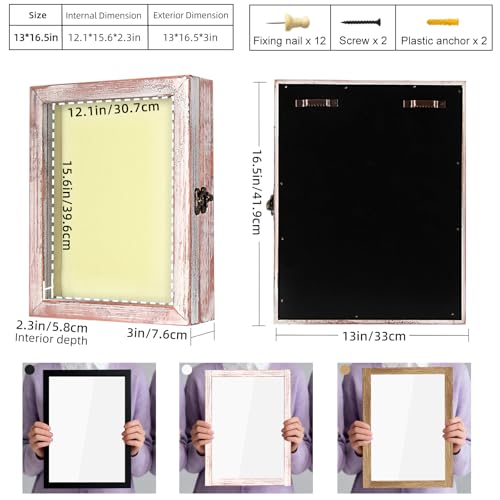 Image of TJ.MOREE Shadow Box 13x16 Memory Display Case Wood Picture Frame White Pink | Fits 12x15.6 Inserts with Linen Back Rustic Keepsake Box with Glass for Memorabilia Bridal Shower Wedding Gifts