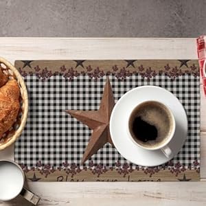 Rustic star placemats vintage wood barn black grid western texas farmhouse country bless home table mats placemat for kitchen dining table decor 12×18 inch 4pcs  urban country home decor